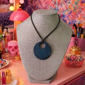 Mod Pendant on Cord Necklace Black Blue Vinyl Unique Style - Pre-loved (15"-18")